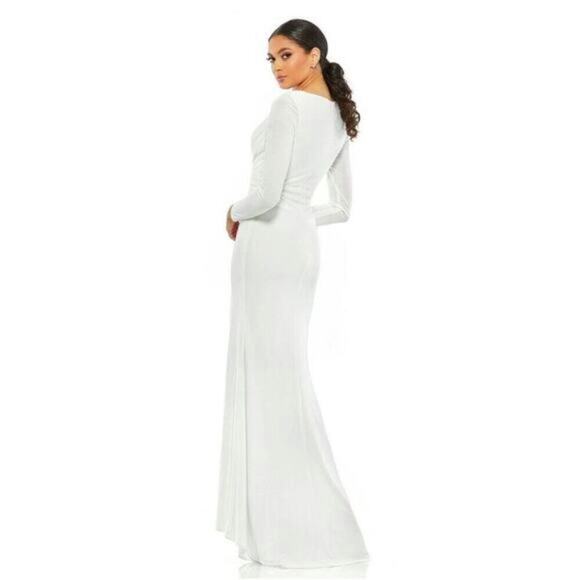 FLAWED - NWT Mac Duggal V-Neck Long Sleeve High Slit Gown White 10 #7939 - Picture 5 of 13